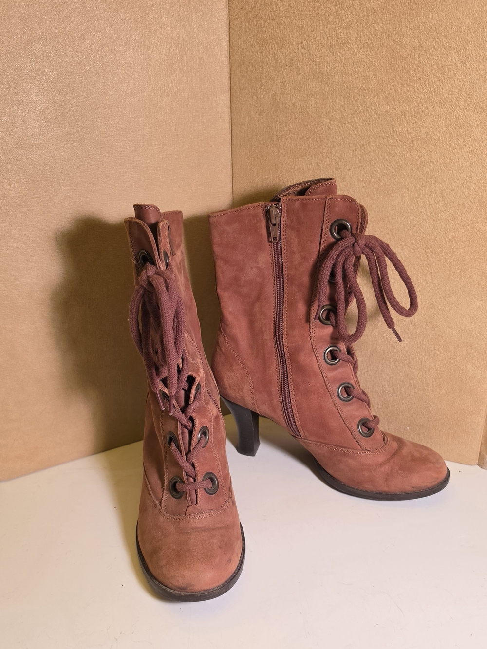 Bronx Lace-Up Suede Heeled Ankle Boots in Rust